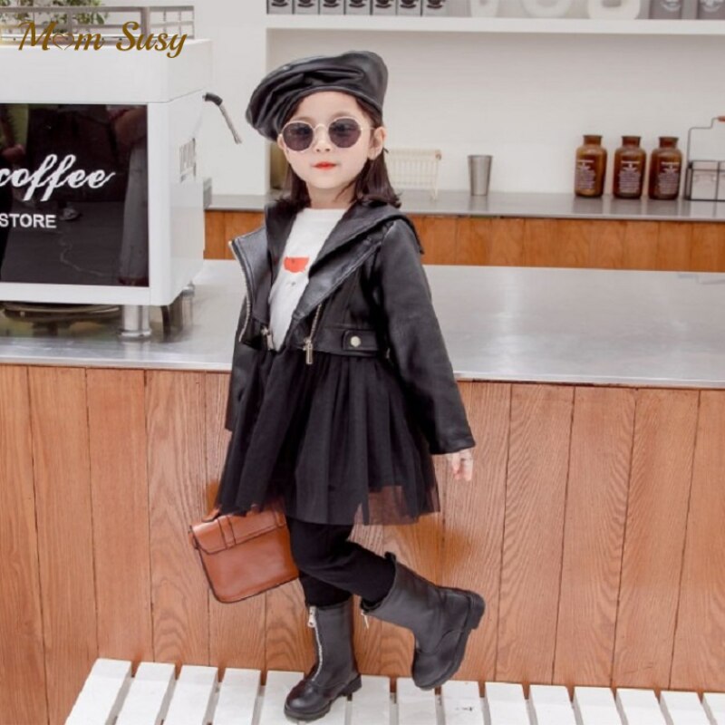 Moda bebê menina jaqueta de couro do plutônio primavera outono criança crianças couro tutu casaco moda chaqueta outwear roupas preto 1-7y