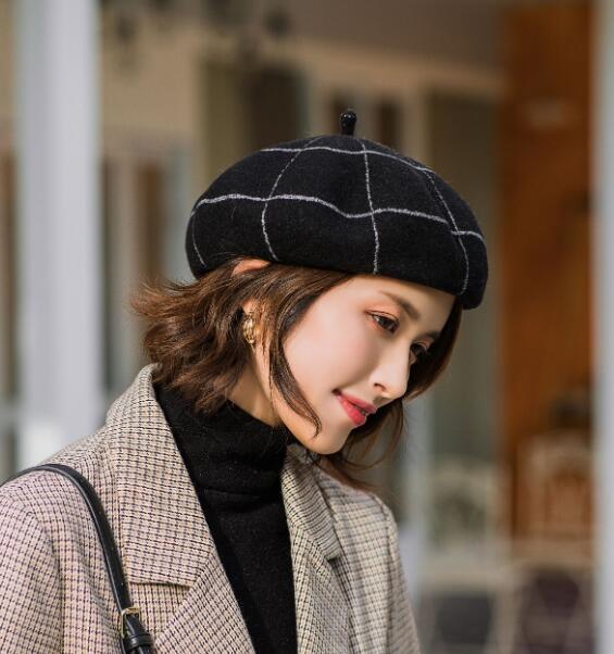 Boinas de invierno a cuadros para mujer Vintage de lana de punto sombreros femeninos estilo británico gorro de señora gorro de pintor sombreros de niña boina: black