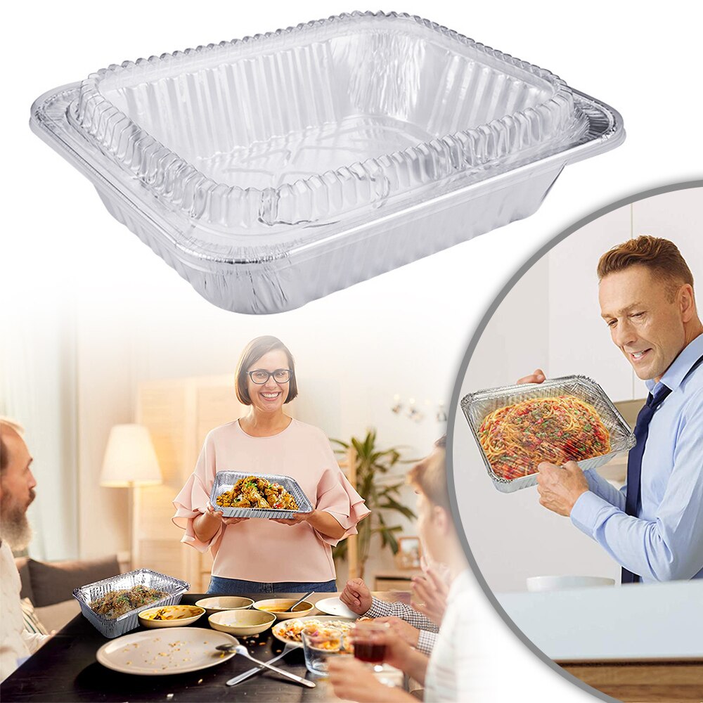 Disposable Rectangle BBQ Aluminium Foil Box With Cover Food Tray Tin Lunch Box Grease Drip Pans Tray Outdoor Cooking Accessories