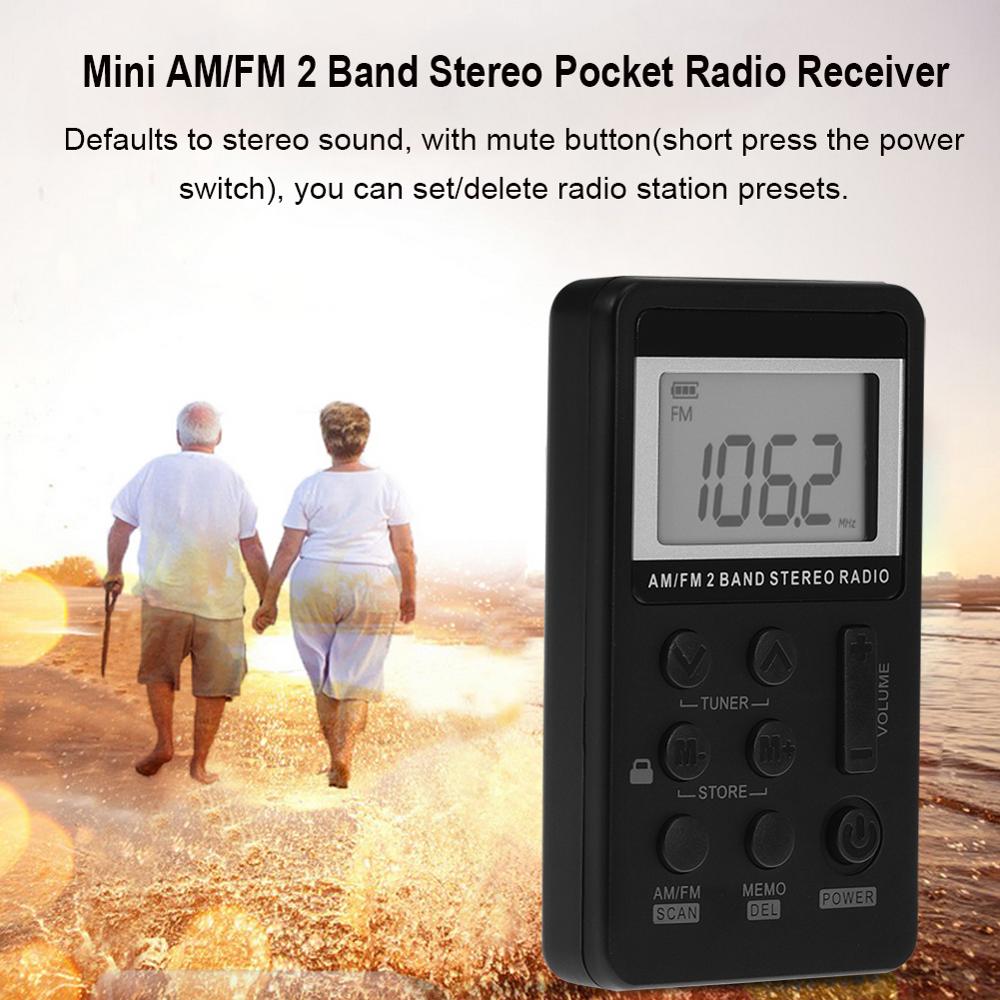 Mini Radio portátil AM/FM receptor de Radio de bolsillo estéreo de doble banda con pantalla LCD y auriculares y batería recargable