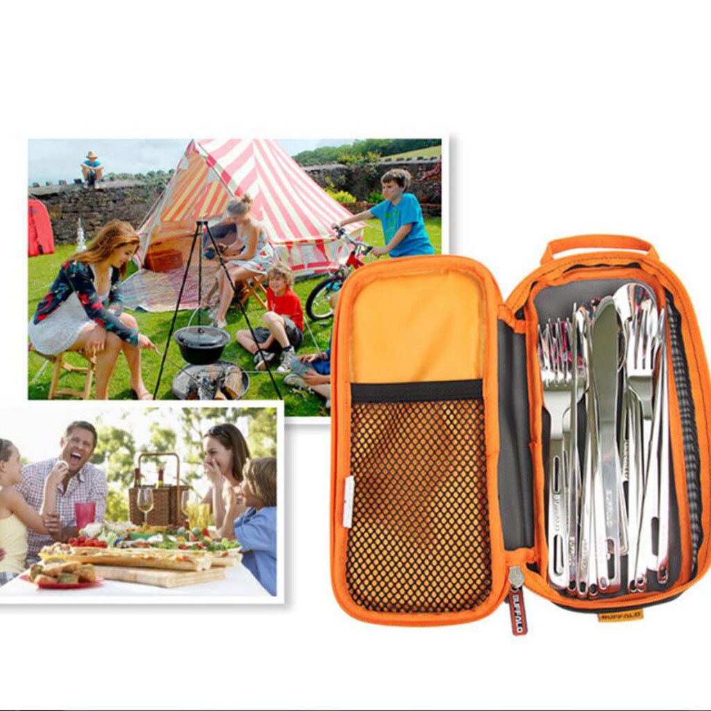 Camp Kitchen Utensil Organizer Travel Set, Ultralight Polyester Mesh Bag Tote Portable BBQ Camping Cutlery Travel Kit Case