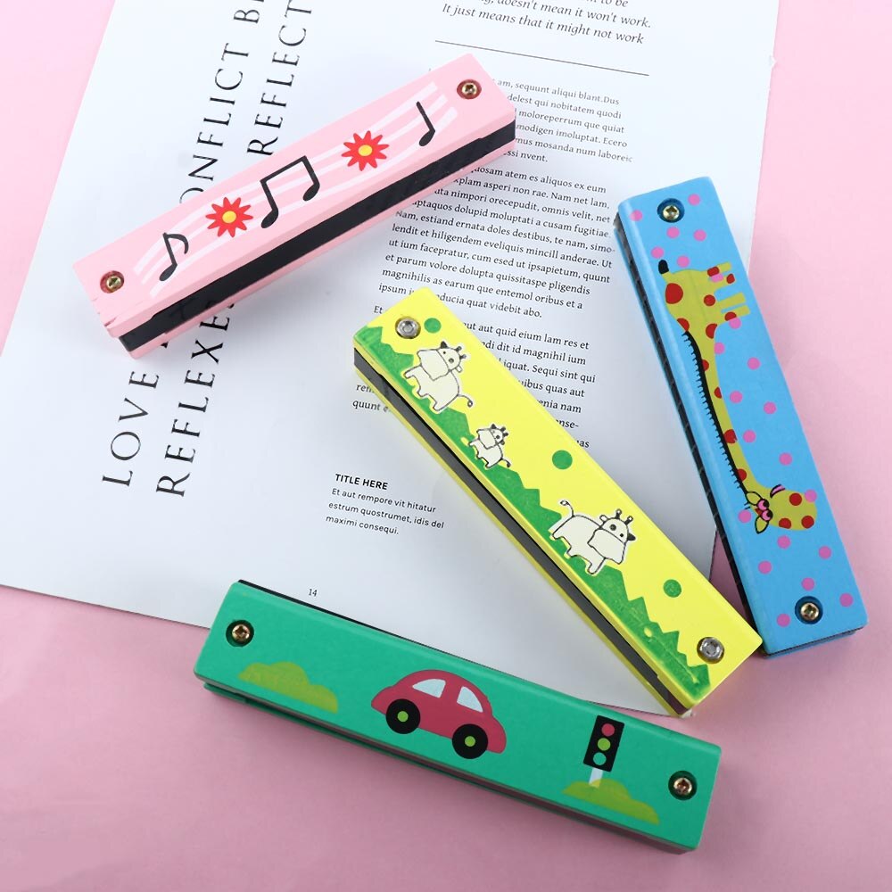 Double Row 16 Holes Children Wooden Painted Harmonica Kids Enlightenment Early Education Toys for Beginner Music Sense Training