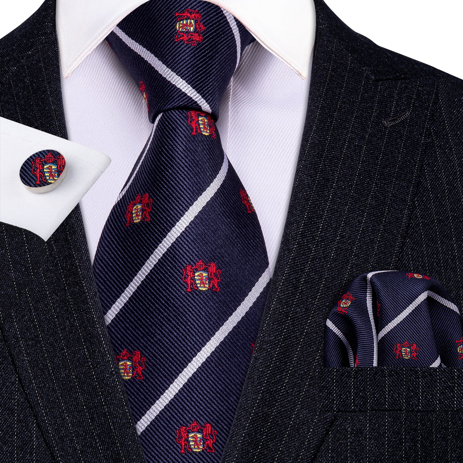 LS-585 Barry.Wang Mannen Stropdas Zijde Gestreepte Jacquard Geweven Classic Tie + Hanky + Manchetknopen Set Voor Formele Wedding Bedrijvengids Party: LS-5182