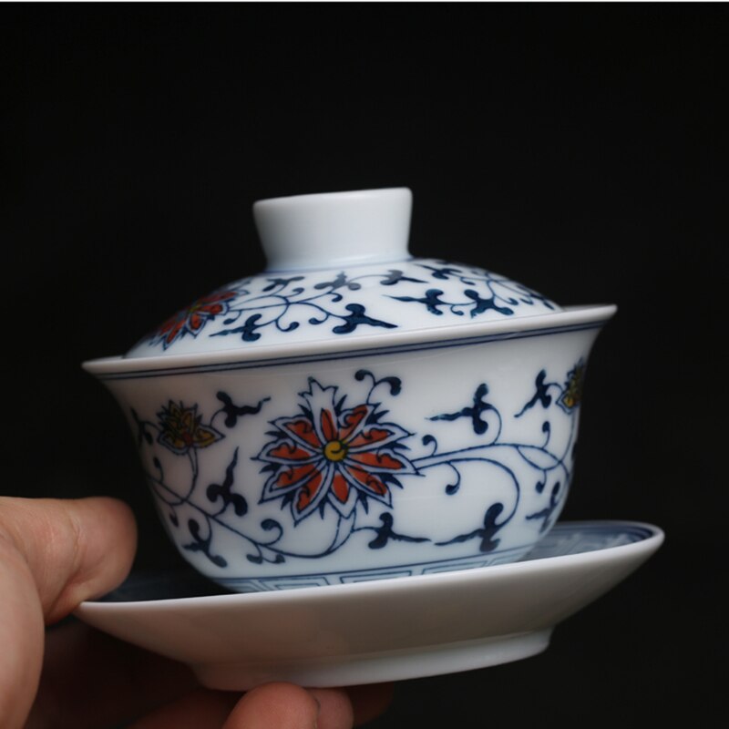 Chinese Style Hand Painted Tea Bowl Ceramic Blue And White Teacup Kung Fu Tea Set Vine Cup Tureen Porcelain Cup Gaiwan Chawan