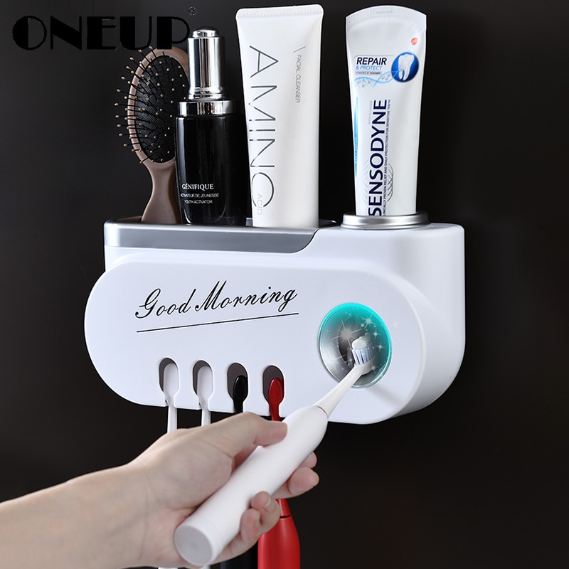 Oneup Tandenborstelhouder Voor Badkamer Automatische Tandpasta Squeezer Dispenser Muur Badkamer Accessoires Multifunctionele Plank