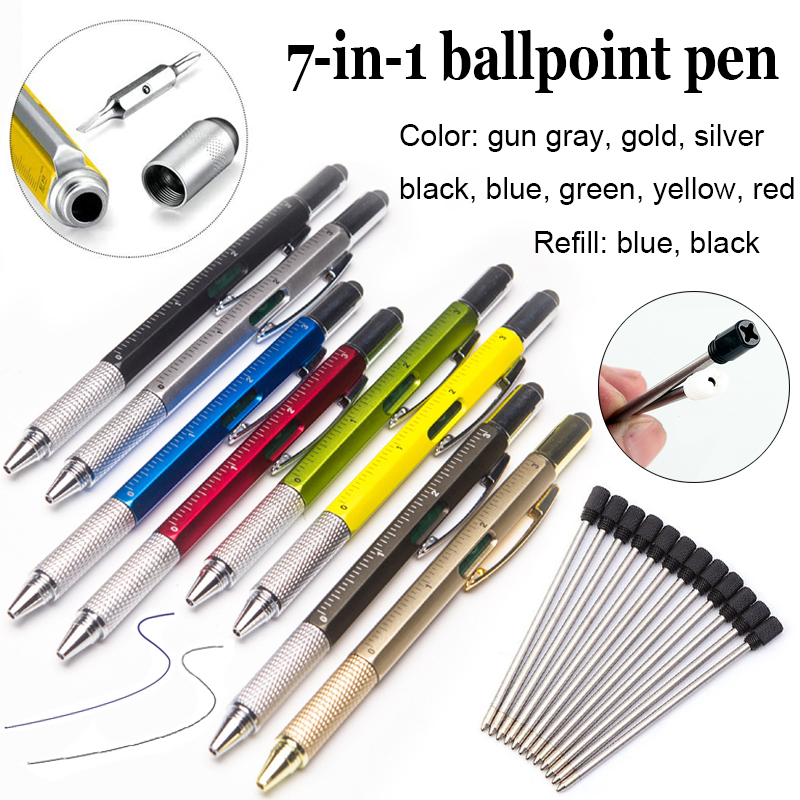 5/10 Stück 7in1 Multifunktionaler Kugelschreiber Handwerkzeug Messtechnik, Lineal, Schraubendreher, Touchscreen-Stift, Wasserwaage