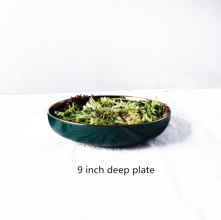 Grøn guld indlæg nordisk stil husholdning hotel keramisk bordservice high end porcelæn servise sæt skål fad plade: 9 tommer dyb plade