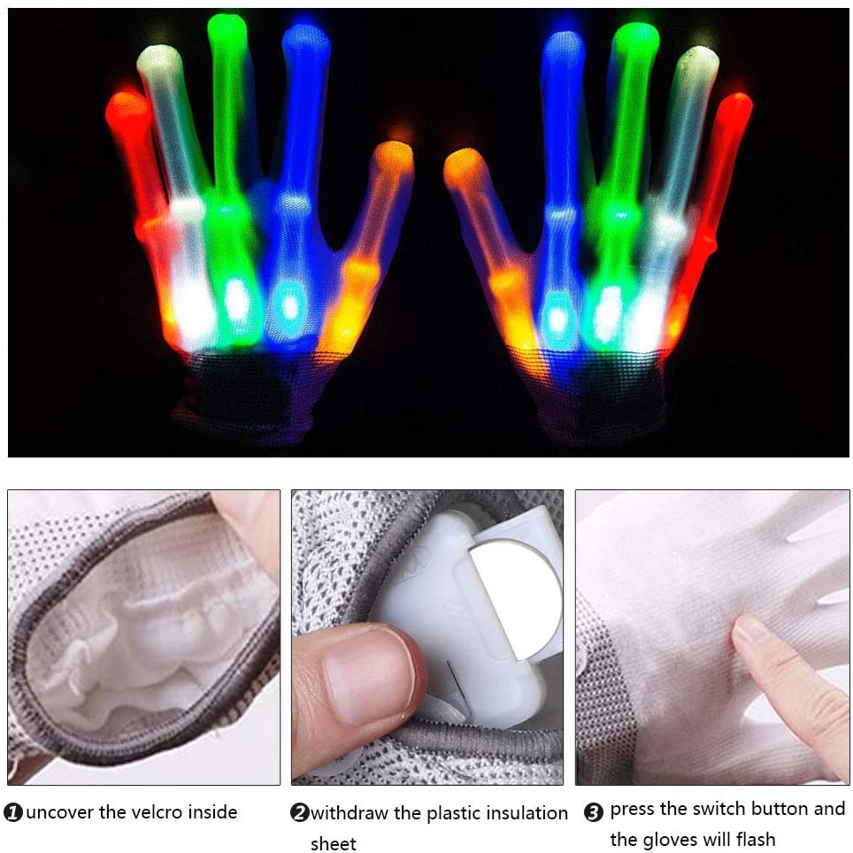 Rock Skeleton Hand Gloves LED Finger Light Gloves Light Up Flashing Gloves Toys Boys Kids Light Show Halloween Xmas