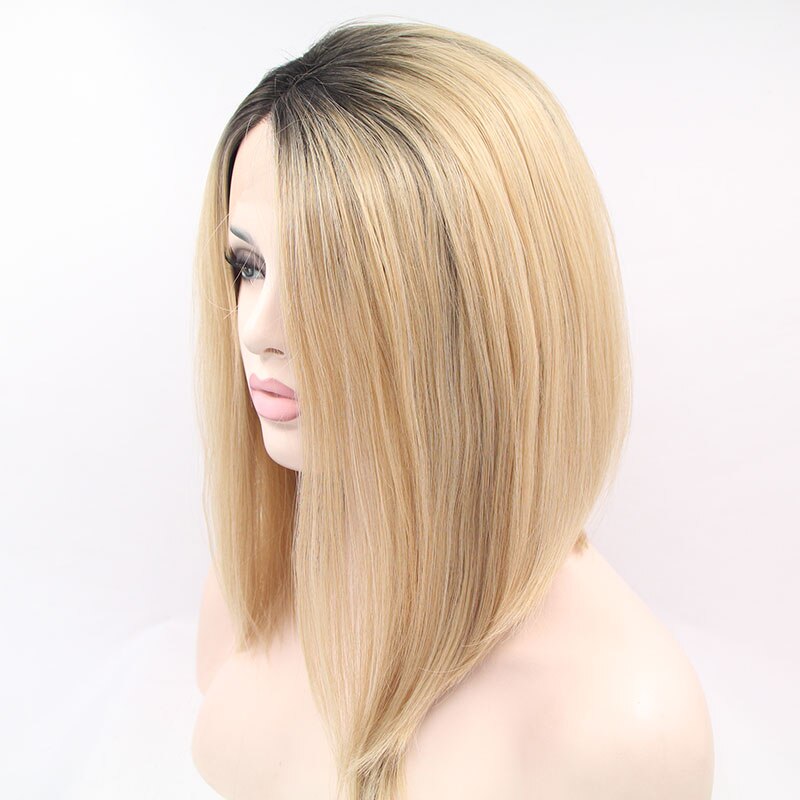 Bombshell Short Straight Bob Synthetic Lace Front Wig Black Ombre Mix Blonde Heat Resistant Fiber Hair Side Part For Women Wigs