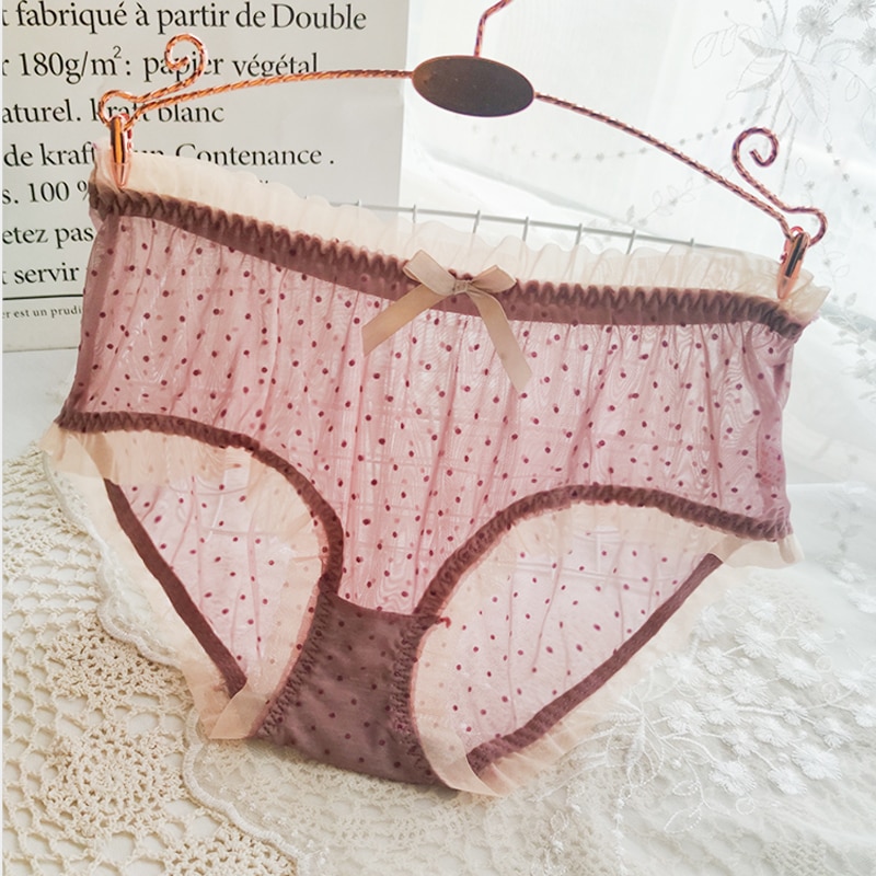 Sexy Dot Lace Panties Plus Size Thin Ruffle Bow Transparent Mesh Panties of Large Size Cute Briefs Female Underwear women