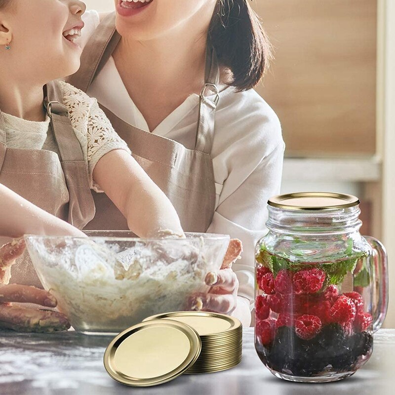 Latas divididas con tapas de 36 piezas, tapas sólidas de almacenamiento reutilizables a prueba de fugas para tapas de tarros Mason, dorado