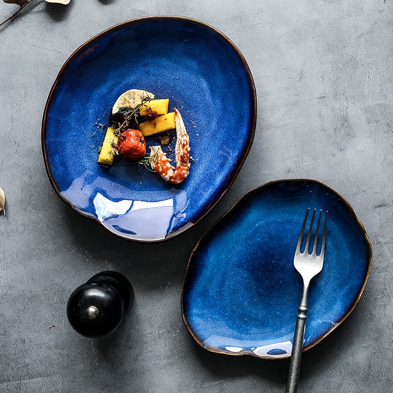 Prato de cerâmica irregular louças, prato de comida ocidental da série europeu azul de salada de vidro prato principal utensílios de cozinha