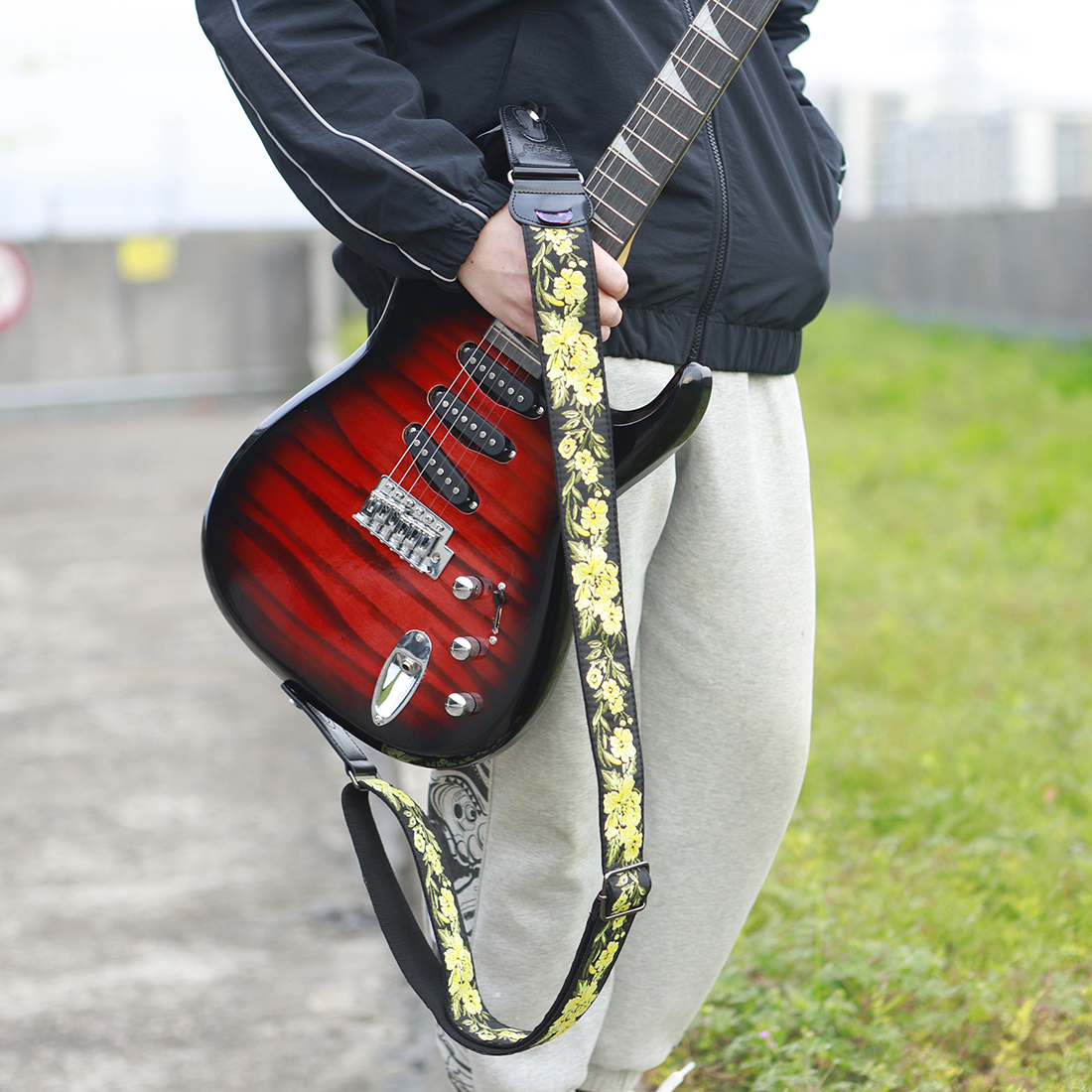 Correa de guitarra para bajo, correas bordadas de cuero y algodón, correa ajustable para el cuello con selección, accesorios para bajo y guitarra acústica eléctrica