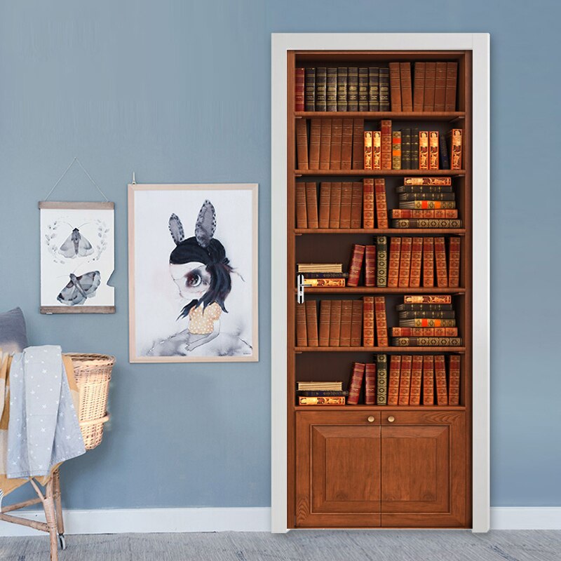 3d vintage bokhylla självhäftande självhäftande dörrklistermärke tapeter vardagsrum sovrum dörr väggdekal väggmålning dekaler för heminredning
