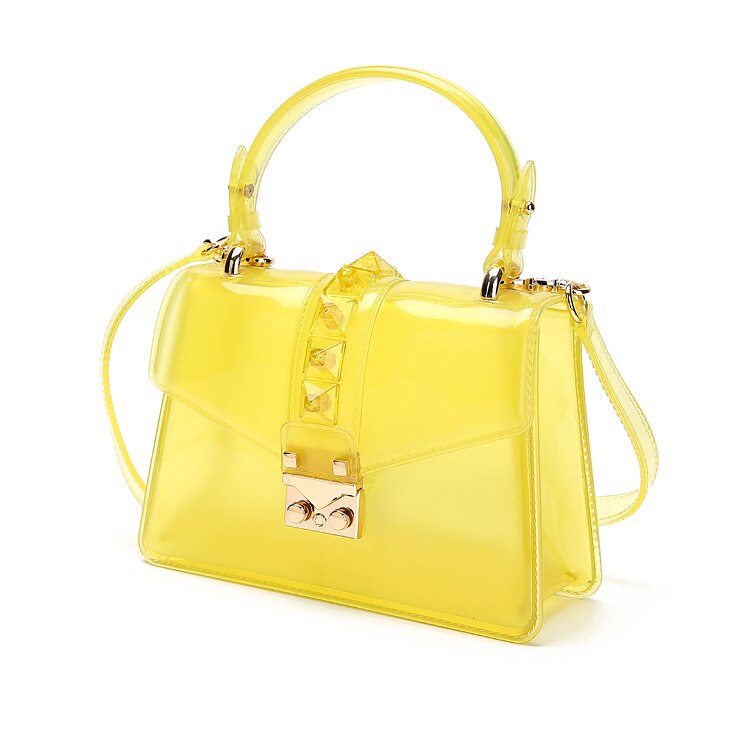 Clear Transparent saddle Bag Women rivet Jelly Bags Purse Panelled Color women Handbags sac a main femme Shoulder Bag: yellow