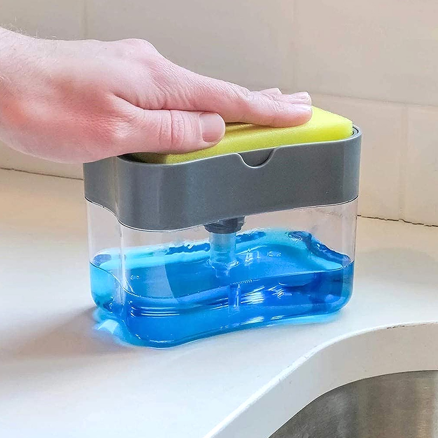 Sæbepumpe dispenser til rengøringsvæske med svampeholder beholder manuel presse sæbearrangør køkkenrenseværktøj