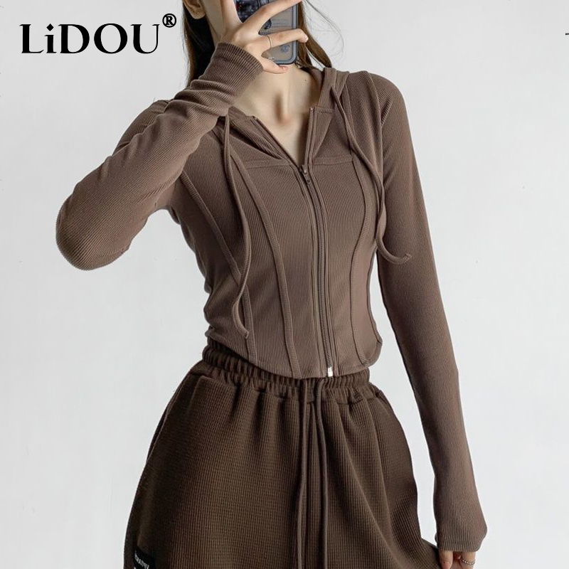 Lente Herfst Casual Mode Effen Eenvoudige Korte Hoodies Dames Lange Mouwen Slim All-Match Rits Sweatshirt Vrouwen Vest Top