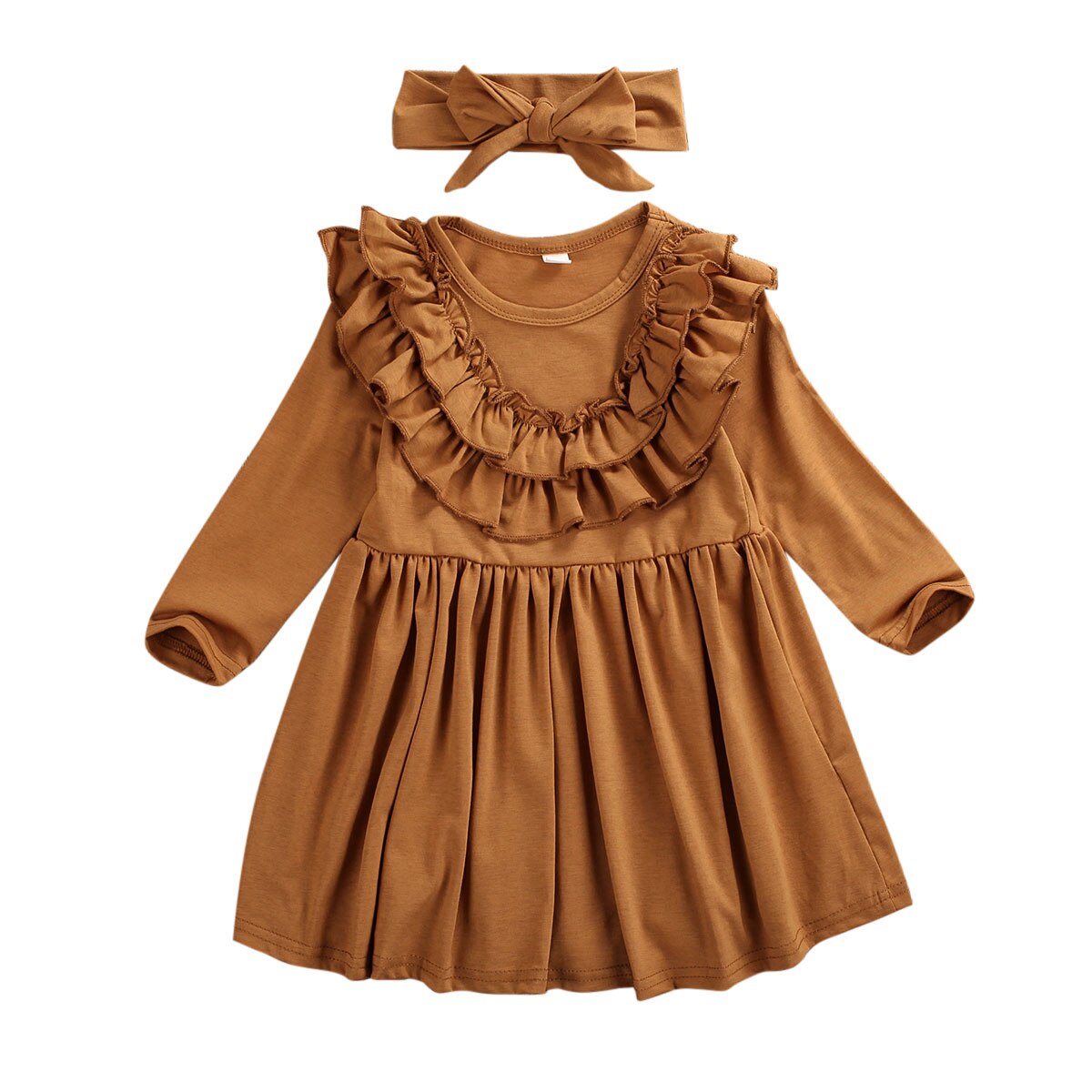 1-6T Toddler Kid Baby Girl Dress Solid Ruffle Collar Long Seeve Dress Outfit Sundress With headband: Yellow / 4T