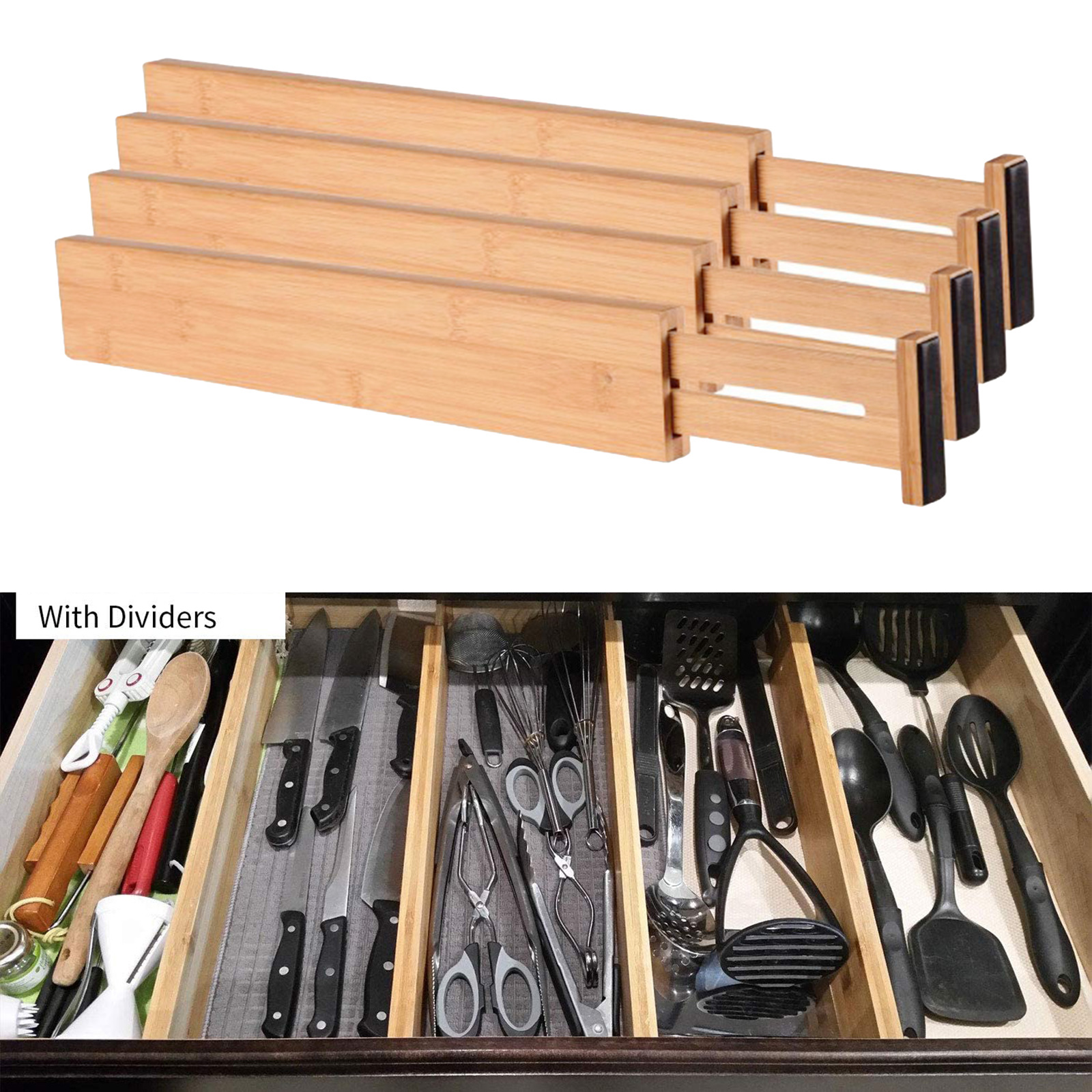 Bamboo Kitchen Drawer Dividers,Adjustable Drawer Organisers, Kitchen Utensil Drawer Organiser ,Drawer Divider (4 Pack), Clothes