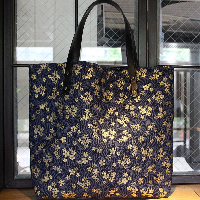 Donkerblauwe zool sakura canvas tas schoudertas heuptas met rits grote capaciteit dames japanse stijl literaire dikke brede handtas