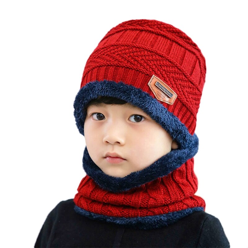 Gorro de invierno para niños, 2 uds., conjunto de bufanda circular, etiqueta de cuero sintético, Crochet, tejido de felpa, forrado, gorro de Calavera, calentador de cuello