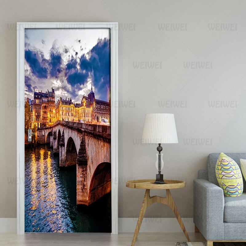 2Pcs/set PVC Self-adhesive 3D Removable Door Sticker England Canal Bridge HD Wallpaper Living Room Door Decor Decals Wall Sticke