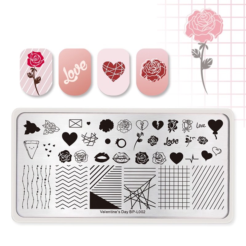 Geboren Pretty Nail Stempelen Template Rechthoek Lijn Rose Layer Nail Art Plaat Valentijnsdag BP-L002