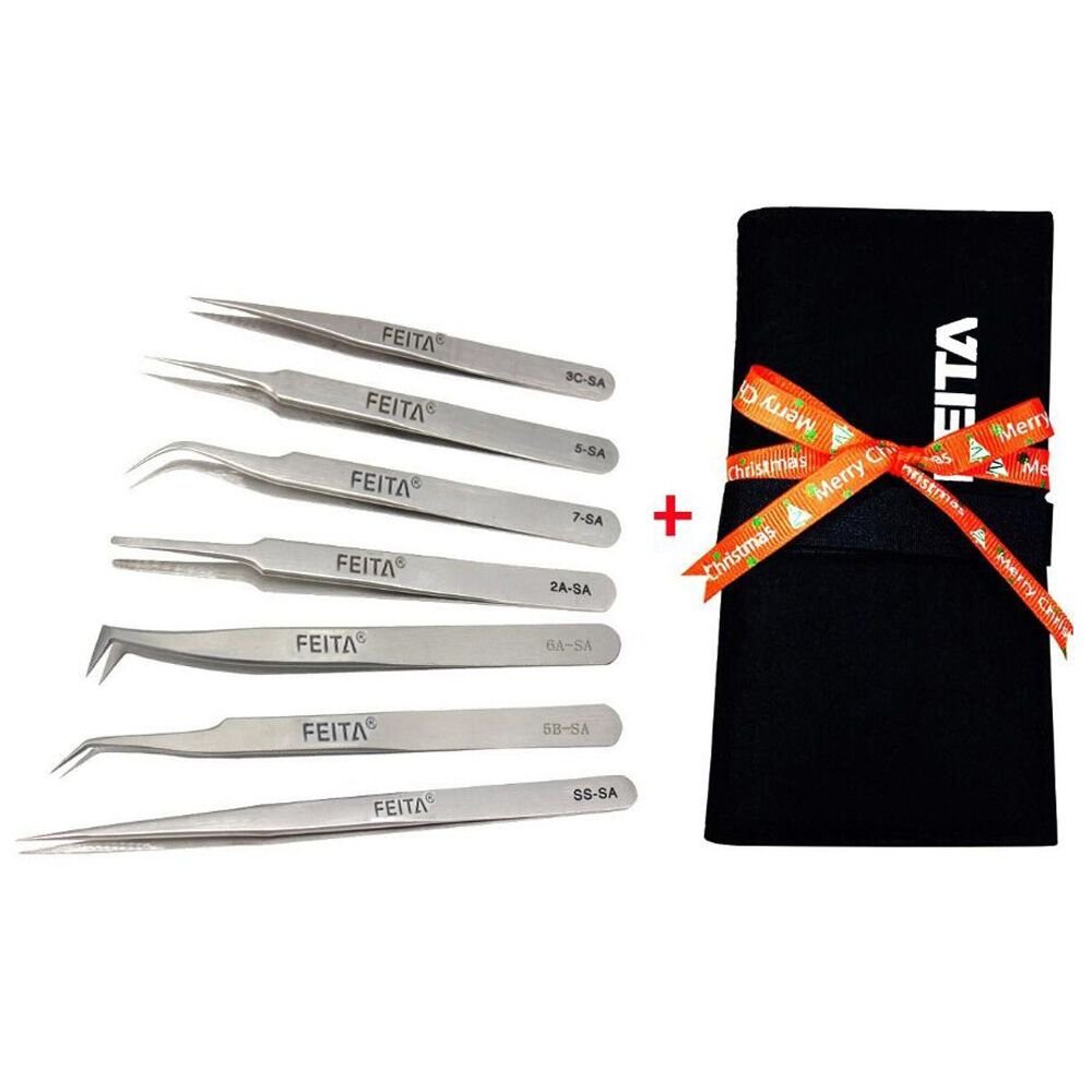 FEITA Stainless Steel Tweezer Set Precision Tweezers with Carrying Bag for Beauty,Industrial,Jewelry,Microelectronics,Crafts 7PC