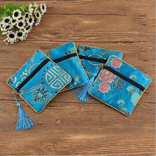 1 stk silke brokade skumring stoff floral smykkepose emballasje trendy utsøkt kvartett håndvesker smykketips bag: Blå