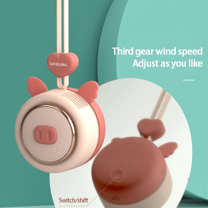 2021 nowy 1PC mini bezłopatkowy opaska na szyję wentylator bezprzewodowy słodkie zwierzątko wiszące liny przenośne wentylatory ładowania USB 3rd koła zębate prędkości wentylować