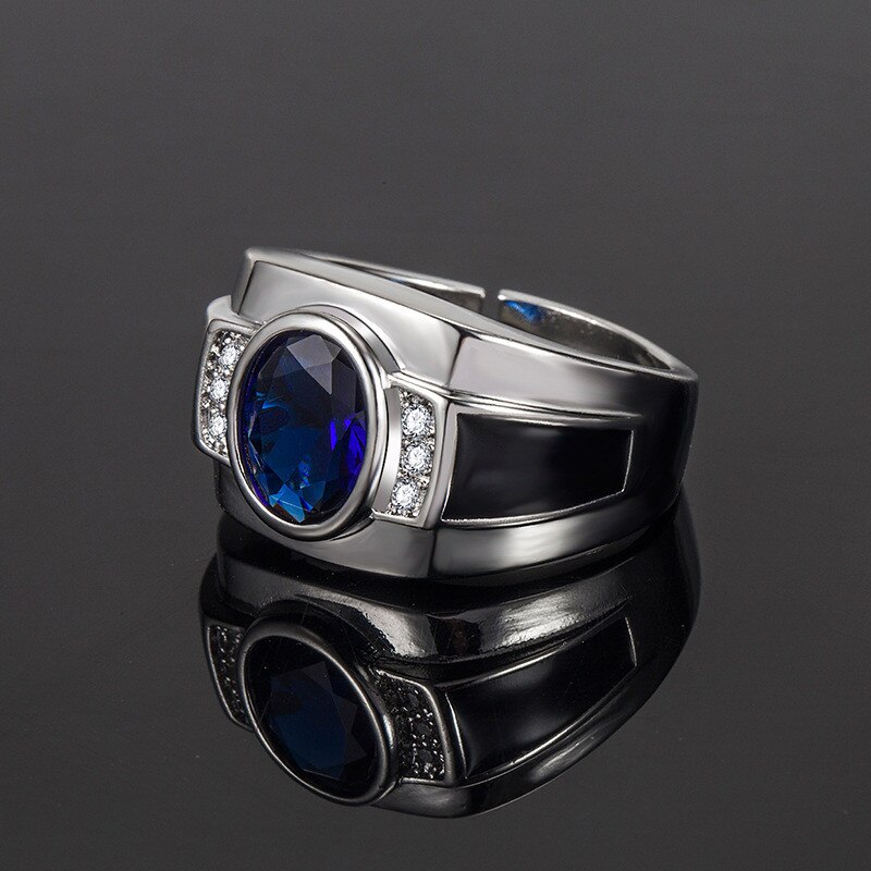 DAIWUJAN Luxury Blue Crystal Adjustable Ring for Men Hiphop Silver Color Cubic Zircon Sapphire Ring Male Party Accessories