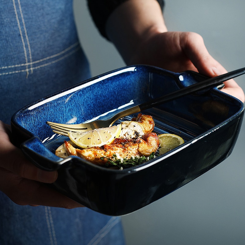 Blauw keramische kom noodle diner eten platen soepkom slakom lade