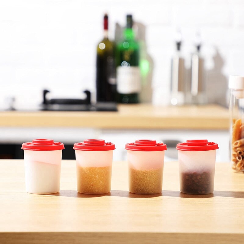 4PCS Salt and Pepper Shakers Moisture Proof Salt Shaker with Red Covers Lids Plastic Airtight Spice Jar Dispenser