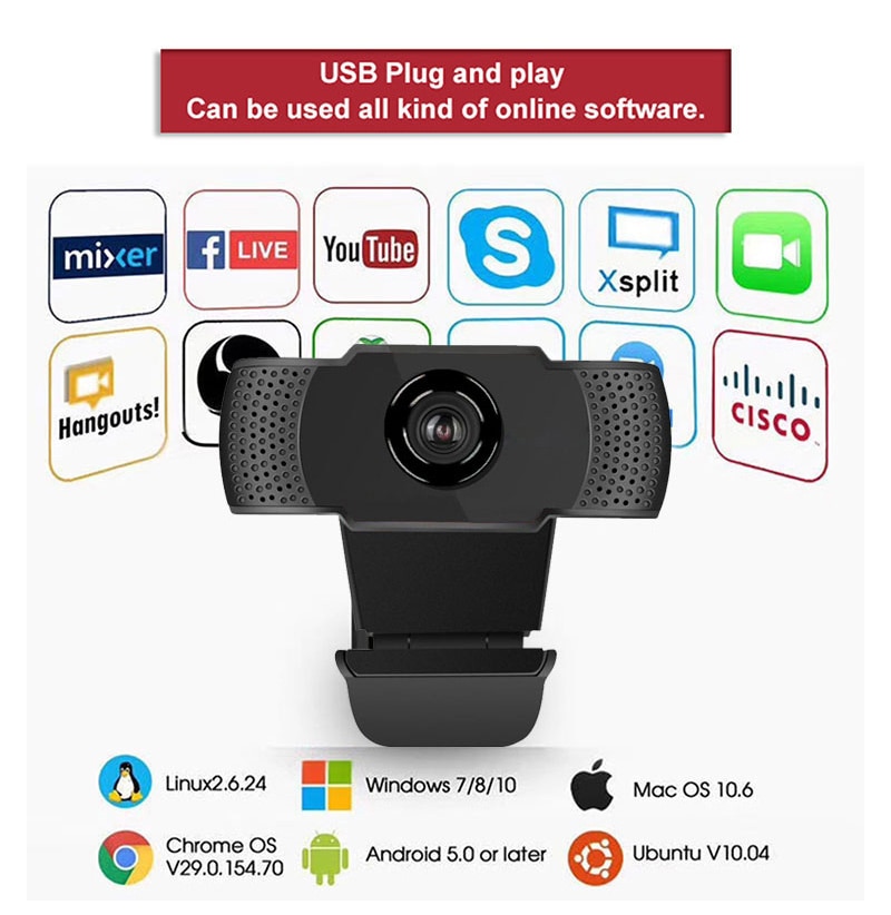 Webcam Full HD com luz de preenchimento LED, câmera web, microfone, plugue USB, PC, computador, Mac, laptop, desktop, 1080p, novo