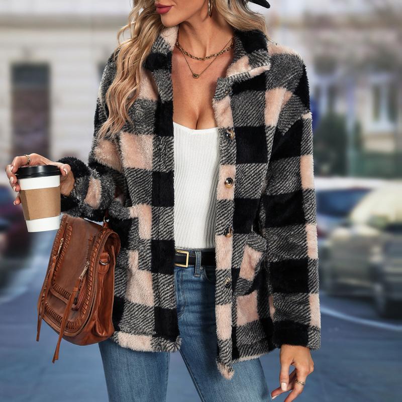 Jahrgang Jacke für Frauen Mantel Winter Oberbekleidung Knopf Karo Streetwear Tasche Outfit koreanische Herbst weibliche Kleidung