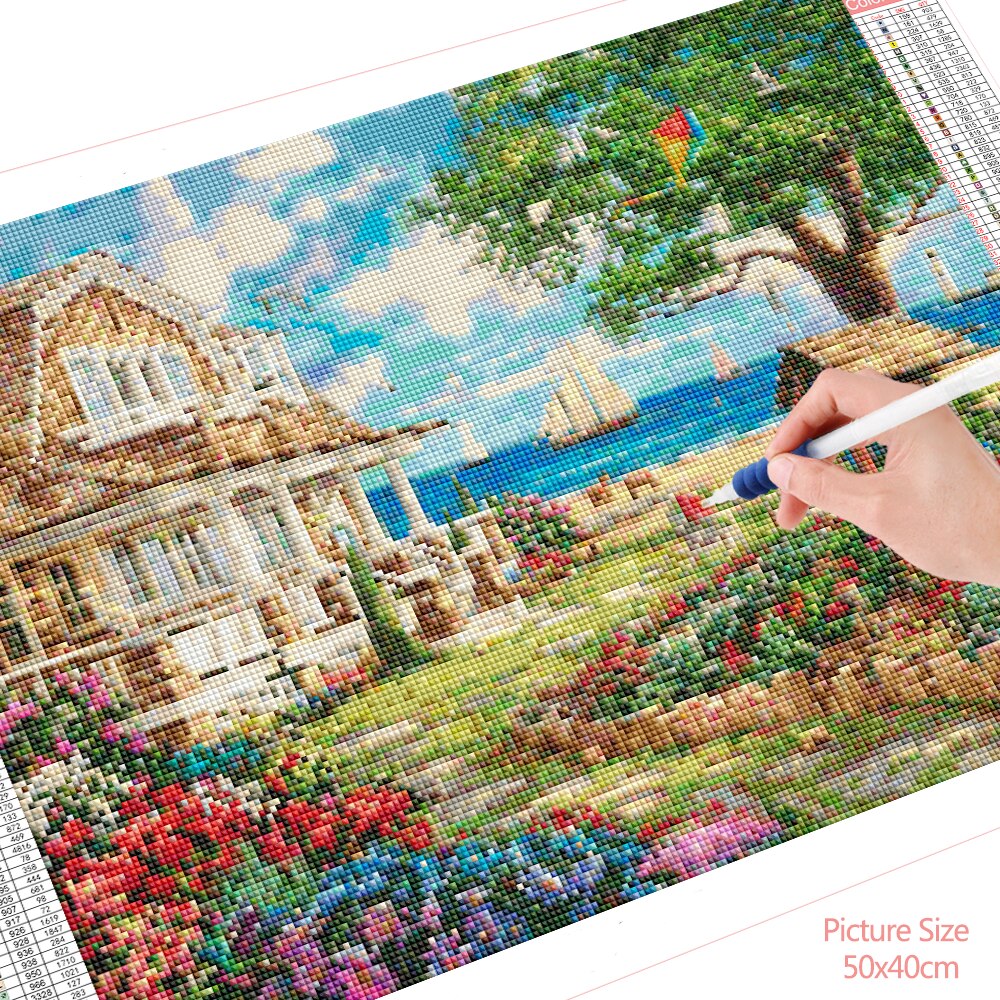 HUACAN Mosaic Seaside Diamond Painting 5D House Embroidery Kit Landscape Picture Of Rhinestones Decoration For Home