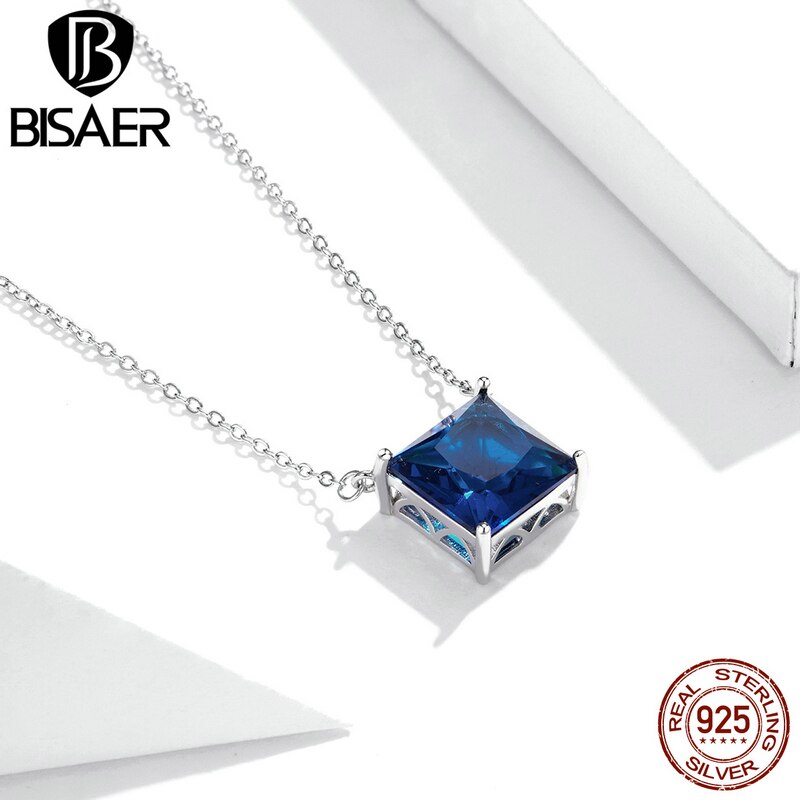 BISAER 925 Sterling Silber Überzogene Platin Zirkon Platz Glänzenden Stein Anhänger Halsketten blendend Luxus Schmuck ECN456