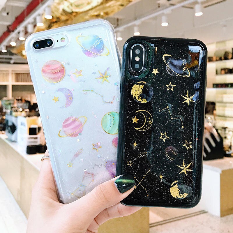 Luxe Glitter Leuke Space Planeet Telefoon Case Voor iphone X XR XS Max Clear Zachte Siliconen Star Back Cover Voor iphone 6 6 S 7 8 Plus