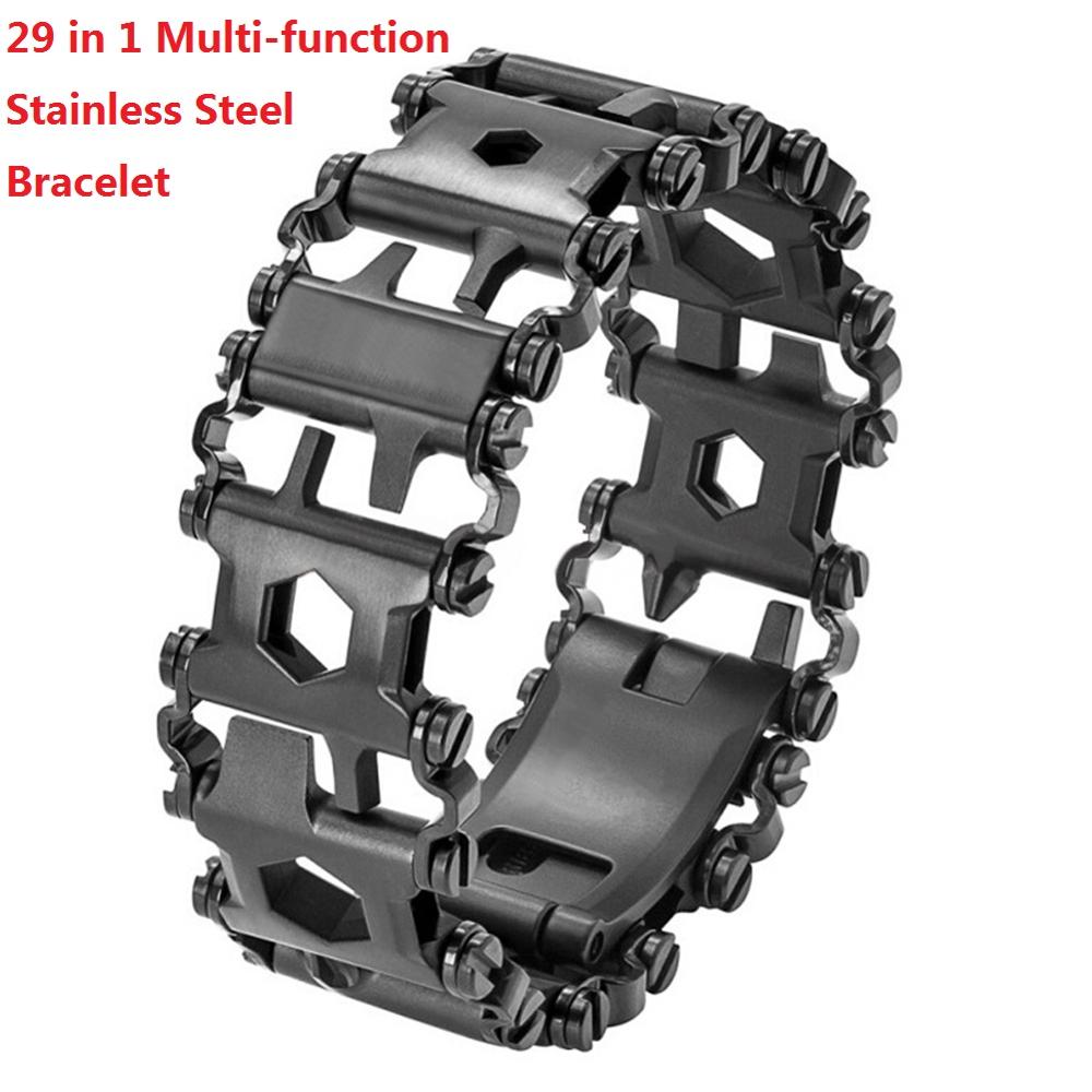 29 en 1 Bracelet multifonction Bracelet de bande de roulement en acier inoxydable boulon pilote trousse à outils amical portable vélo Pesca Multitool outil: 1pc Black Bracelet