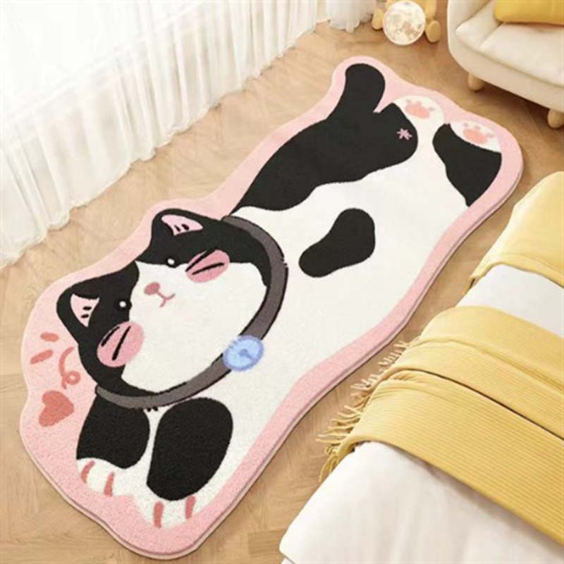 Cute Cat Faux Cashmere Bedside Carpet Cartoon Soft Anti-Slip Foot Rug for Bedroom Water Absorbing Wear-Resistant Home Floor Mat