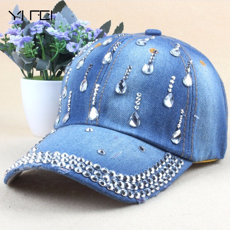 Gloedspec we Denim Hoeden Mode Vrije Vrouw Cap Met Water Drop Steentjes Vintage Jean Katoen berretti da Baseball per Mannen Hot koop