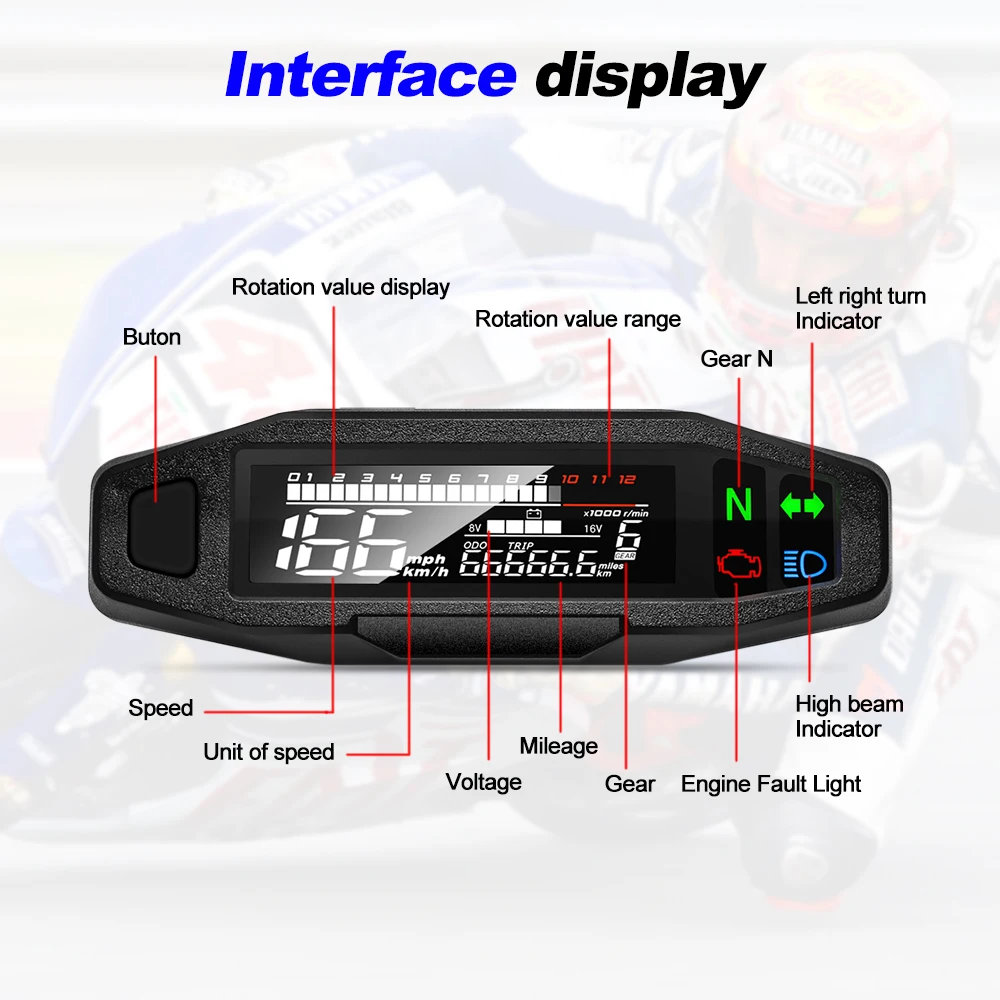 12V Digital Motorcycle Speedometer Moto Meter Tachometer Odometer Instrument Sensor Speed Fuel Gauge Tacho RPM Meter Waterproof
