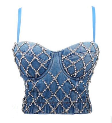 Denim diamantväst dam bustier bh nattklubb fest cropped top väst plus size handgjord väst diamant bh  p1262: S