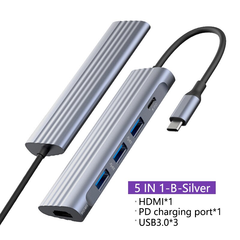 GOOJODOQ USB C HUB Type C to Multi USB 3.0 HUB HDMI Adapter Dock for MacBook Pro Huawei Mate 40 USB-C Splitter Port Type C HUB: 5 IN 1-B-Silver
