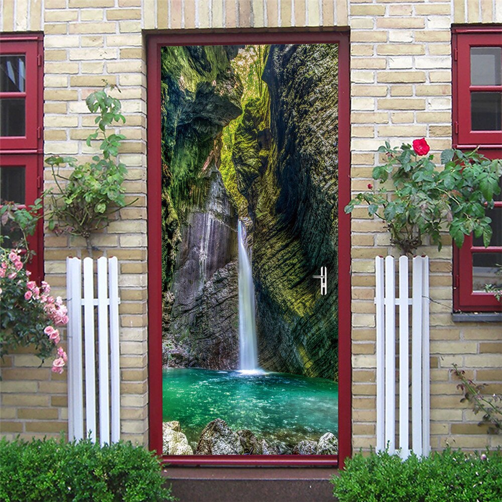 3D Nature paysage cascades portes autocollant mural salon cuisine PVC auto-adhésif étanche autocollant sur la porte papier peint