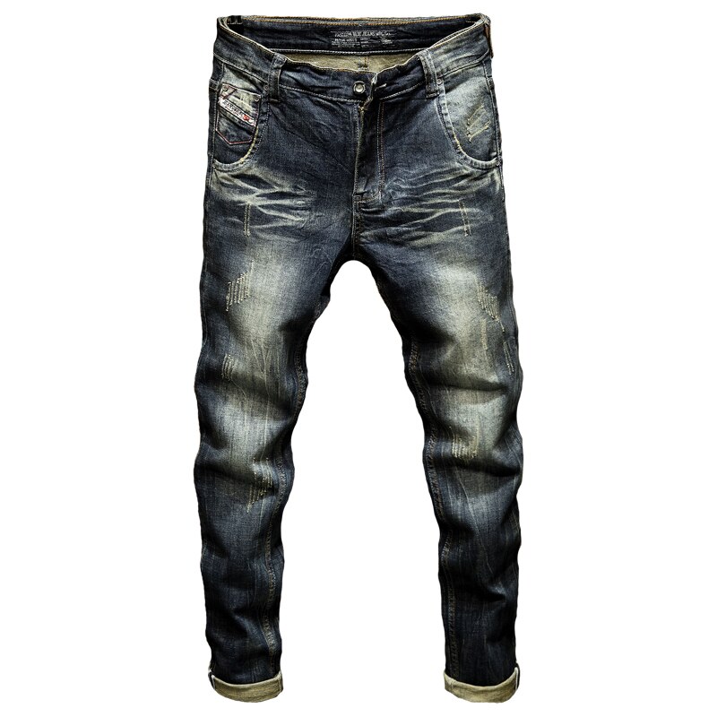 Heren Donkerblauwe Jeans Broek Denim Slim Fit Elastische Casual Punk Jeans Mannen High Street Vintage Gekrast Mode Zakken: 31