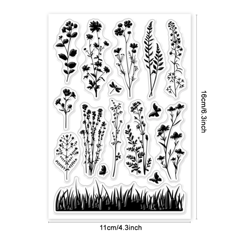 1 unidad de silueta de pradera de flores silvestres, sello transparente, flores Vintage, plantas, sellos de goma transparentes, sellos de silicona de 6,3x4,33 pulgadas: Blanco