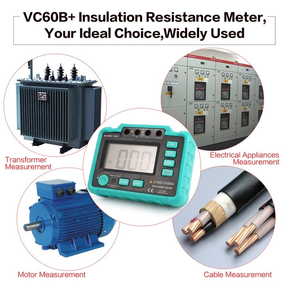 Medidor Digital de resistencia de aislamiento de rango automático VC60B + 1000V medidor megóhmetro indicador LED de alto voltaje 1999 recuentos