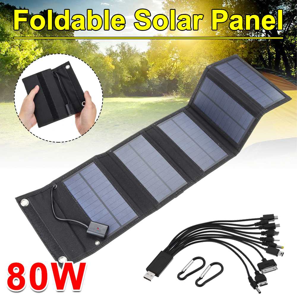 80w sammenklappelig solpanel 10 in 1 usb solcelle bærbar foldbar solpanel oplader til udendørs mobil strøm oplader