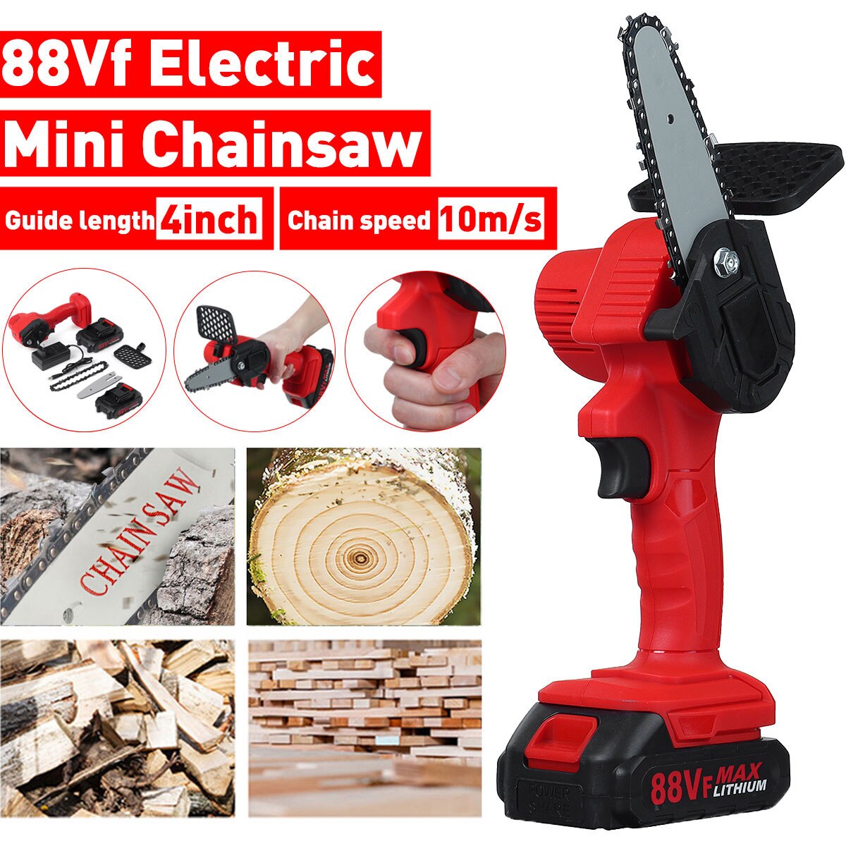 Mini sierras de cadena eléctricas 88VF, motosierra de poda, sierra de corte para árboles de jardín inalámbrica, para cortar madera con batería de litio